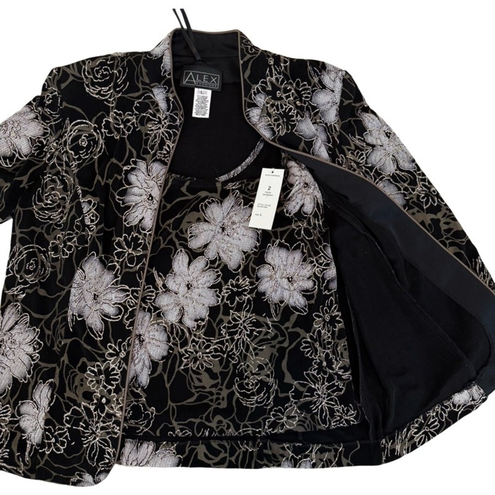 ALEX EVENINGS NWT Black Silver Floral Print Jacket & Tank Set Women's Size L - Picture 11 of 16